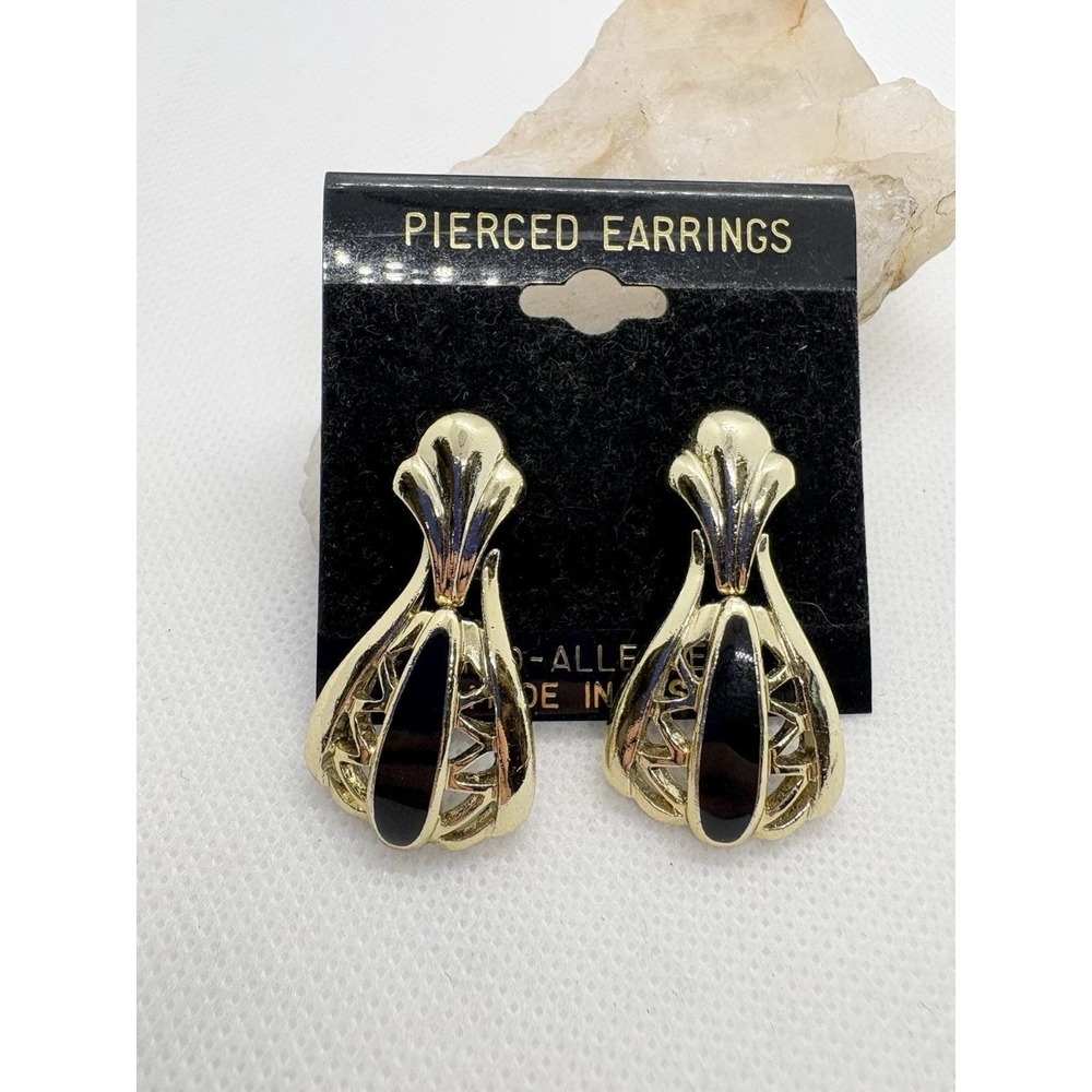 Vintage Gold Tone Pierced Earrings Hypoallergenic Black Accent Hinged USA Dangle